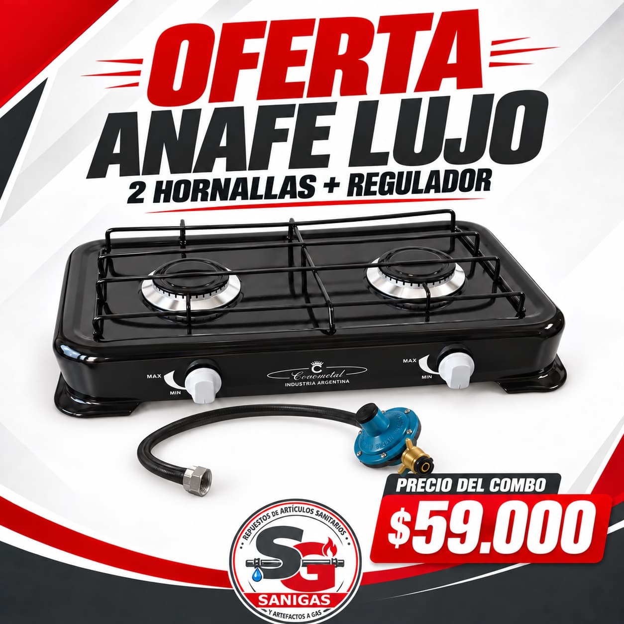 Oferta Anafe Lujo de 2 hornallas más regulador con manguera por $59.000